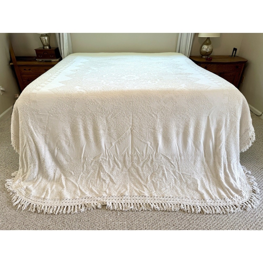 Vintage Maine Heritage Weavers Cream Off White Hobnail Coverlet Bedspread 120x96 - Picture 2 of 11